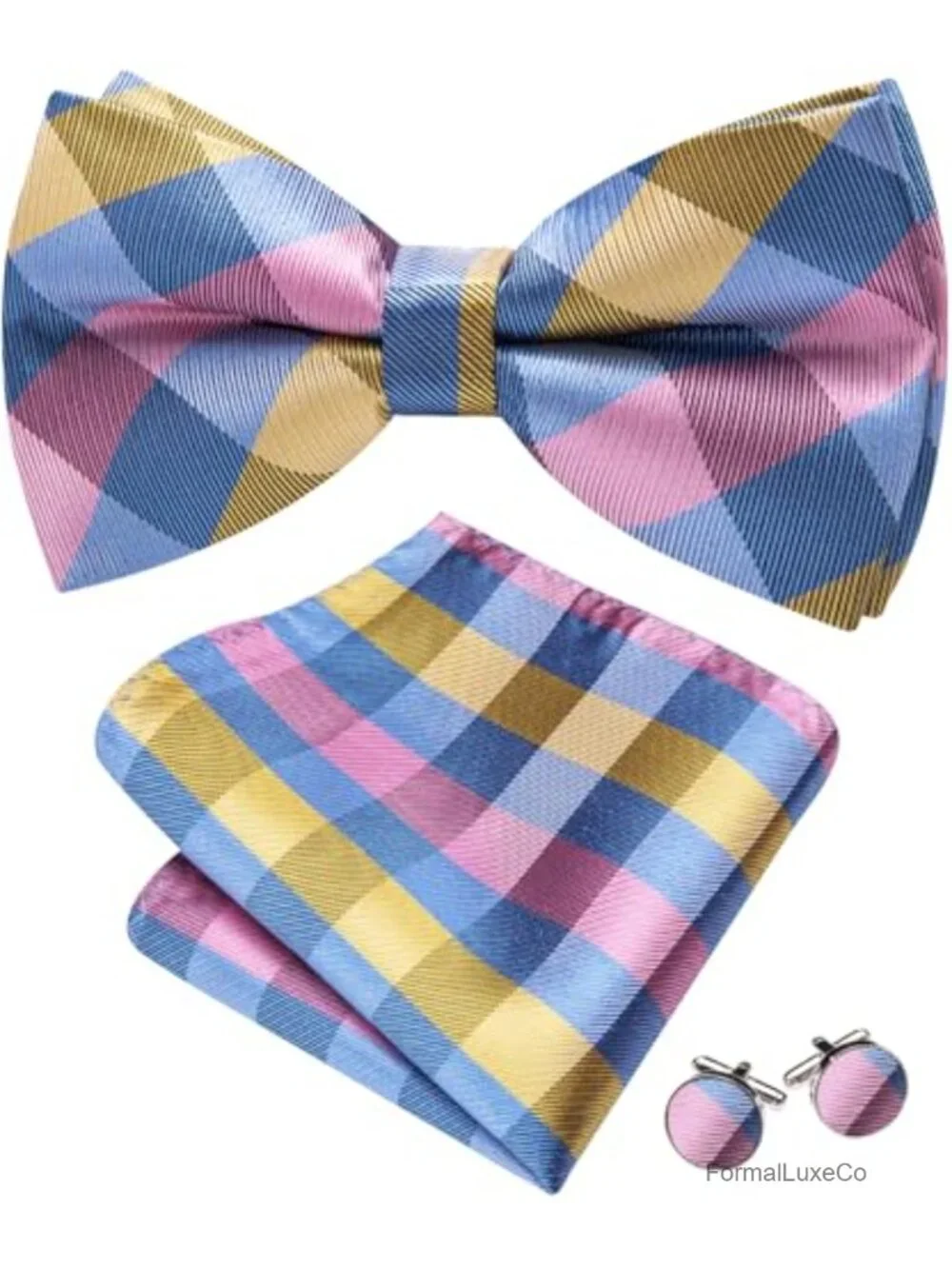 Pre-Tied Silk Bow Tie Set with Pocket Square and Cufflinks for Men